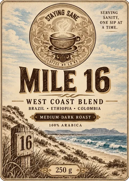 Mile 16 West Coast Blend coffee label by Staying Sane